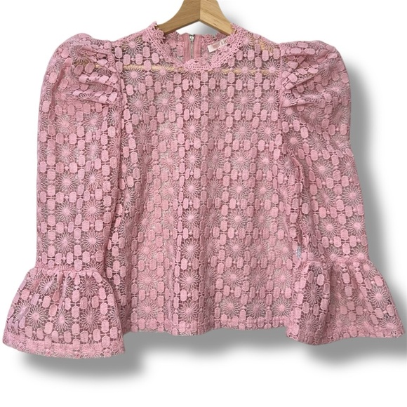 Mele E Pere Tops - Mele e Pere Floral Top Small Lace Blouse Pink Sheer Romantic Cottagecore Fairy